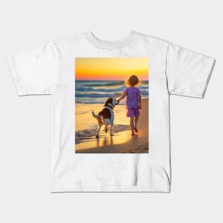 child picking flowers with a dog. Kids T-Shirt